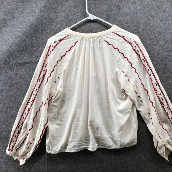 Zara Embroidered Blouse Womens XS Ivory Red Long Sleeve Boho Split Neck - Picture 2 of 8